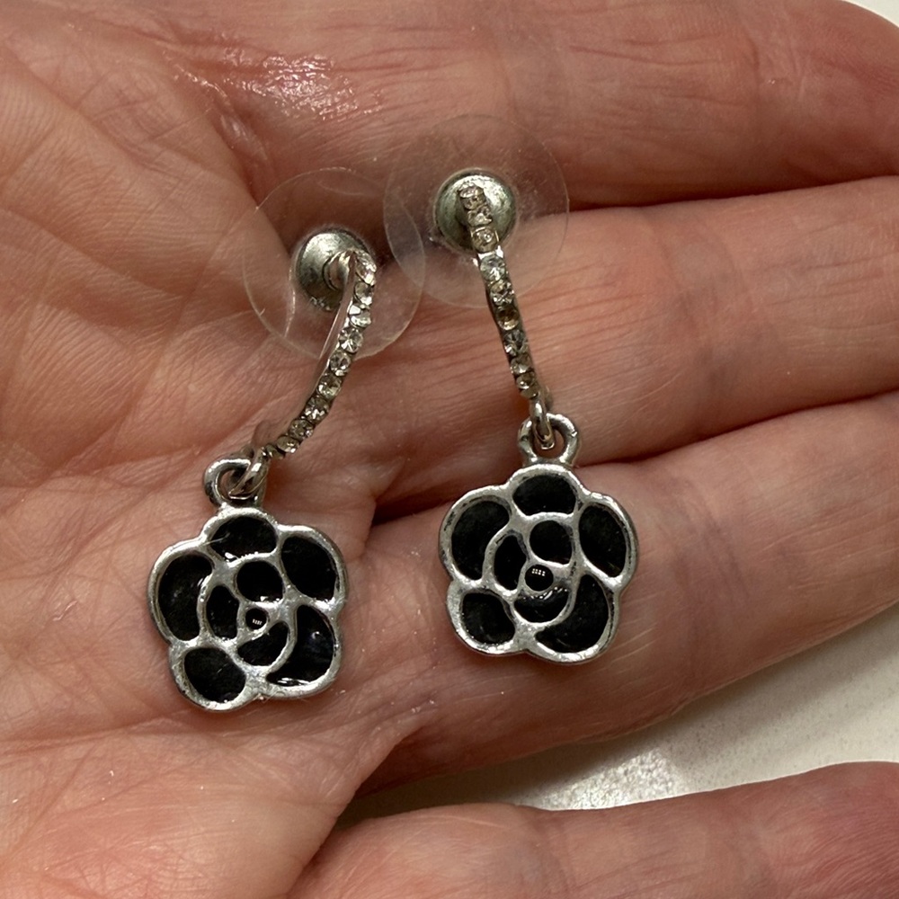 Silver-Tone Black Floral Drop Earrings - Women Jewelry